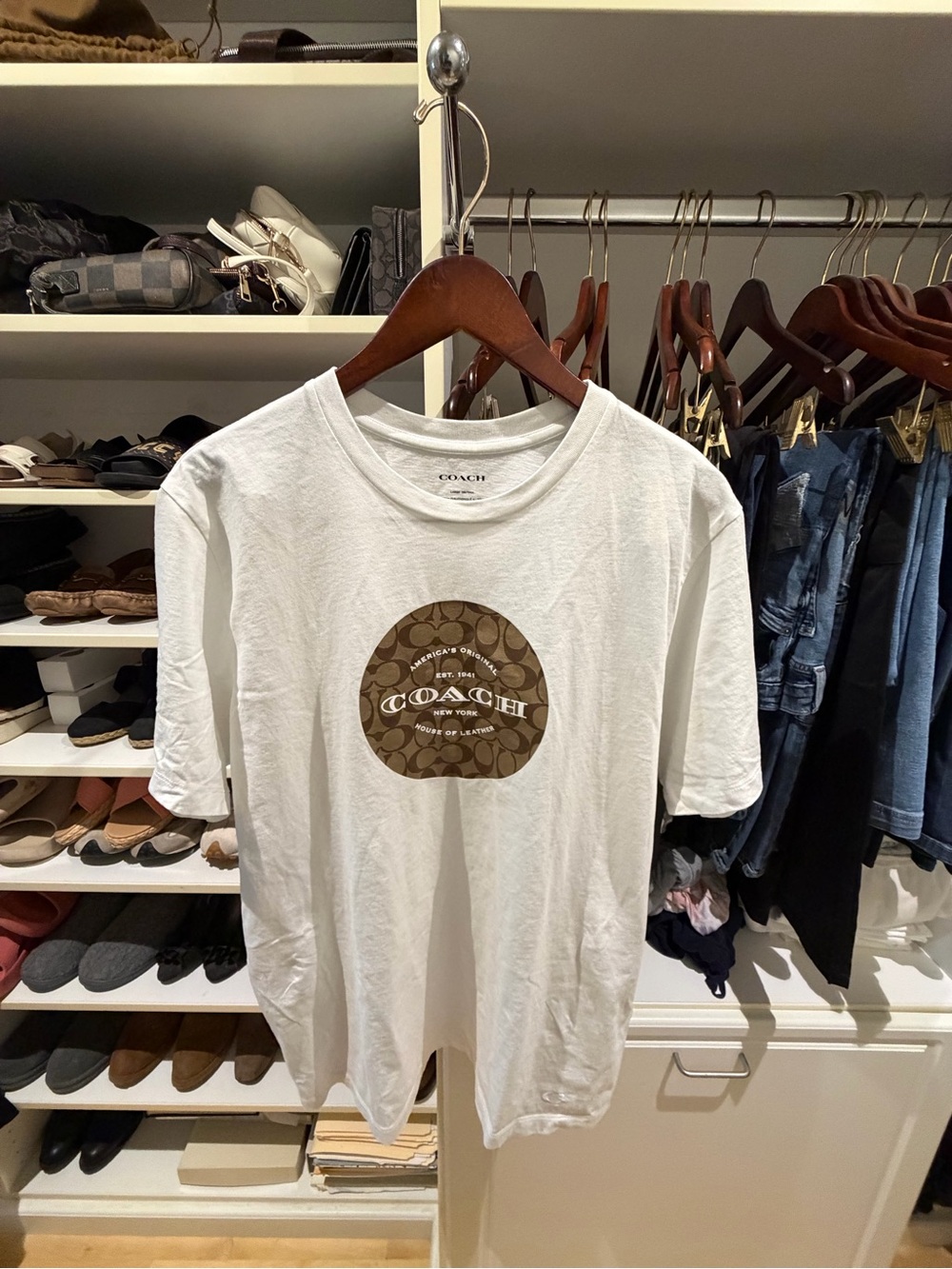 Men’s Coach White Short Sleeve Tee with Brown Signature Logo Disc, Size: L
